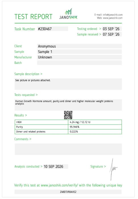 Janoshik laboratory test report: Human Growth Hormone, Task #230467, 95.946% purity