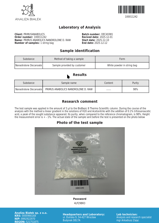 Analiza Białek laboratory report: Nandrolone Decanoate, 98% purity