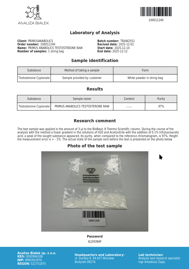 Analiza Białek laboratory report: Testosterone Cypionate, 97% purity