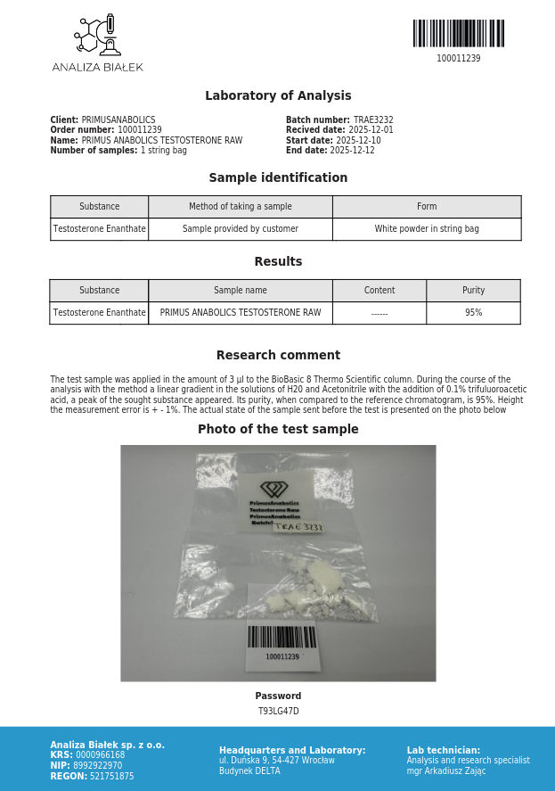 Analiza Białek laboratory report: Testosterone Enanthate, 95% purity
