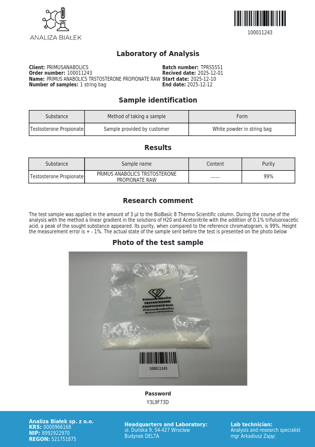 Analiza Białek laboratory report: Testosterone Propionate, 99% purity
