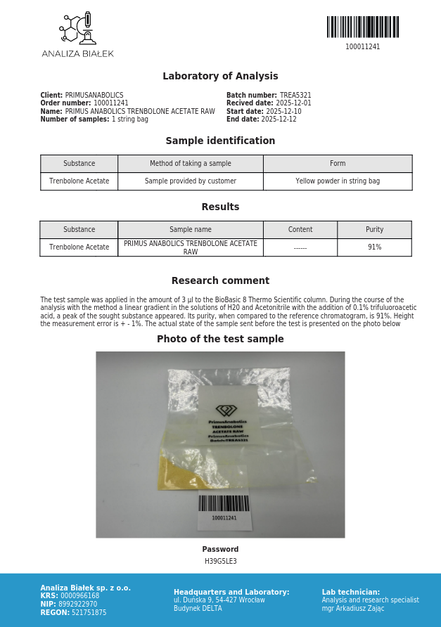 Analiza Białek laboratory report: Trenbolone Acetate, 91% purity